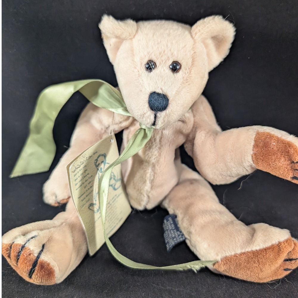 Boyds Collection Jessica JB Bean Series Tan Teddy Bear Green Ribbon Vintage 1998